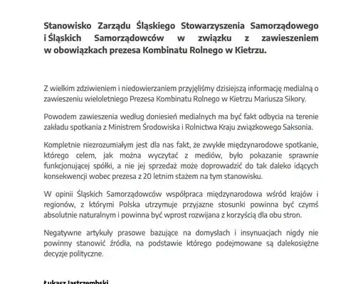 Śląscy Samorządowcy bronią prezesa Kombinatu Rolnego w Kietrzu: „Spotkanie z ministrem nie może być powodem zawieszenia”