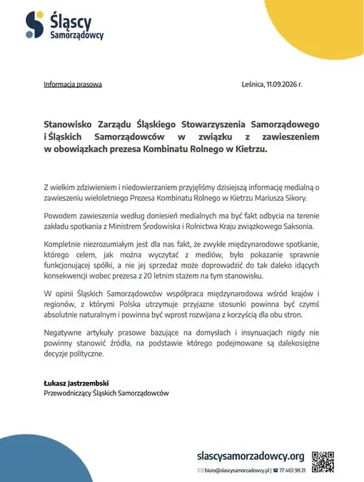 Śląscy Samorządowcy bronią prezesa Kombinatu Rolnego w Kietrzu: „Spotkanie z ministrem nie może być powodem zawieszenia”