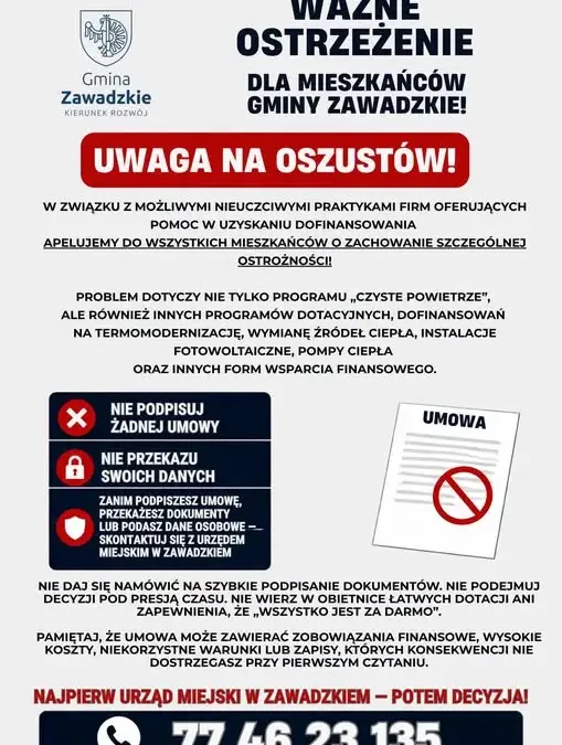 Ostrzeżenie dla mieszkańców gminy Zawadzkie: uwaga na fałszywe oferty dotacji i szybkich umów